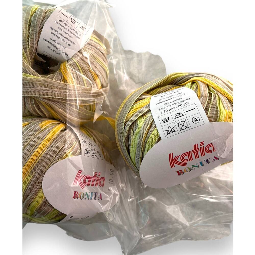 3 Skeins Katia BONITA Ribbon Yarn | Color #12 Yellow, Green, Tan